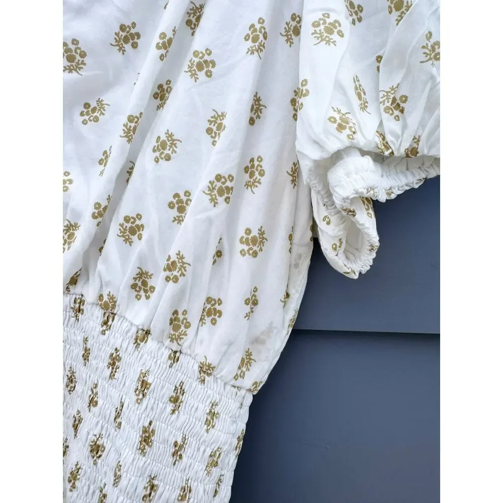 FAITHFULL THE BRAND Alba Top V-Neck Smocked Blouse Cairo Floral 8 Large L